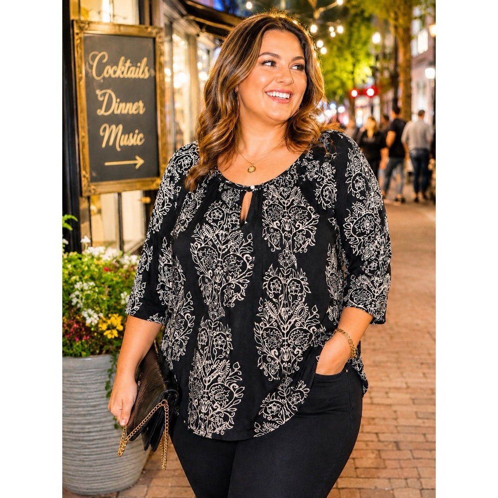 Lucky Brand Tunic Top 3X Black Beige Floral Boho Peasant Stretch Casual Festival